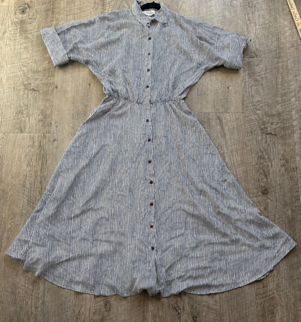 Vintage Neiman Marcus Striped 100% Silk Shirt Dress Navy Blue 10 Preppy Office